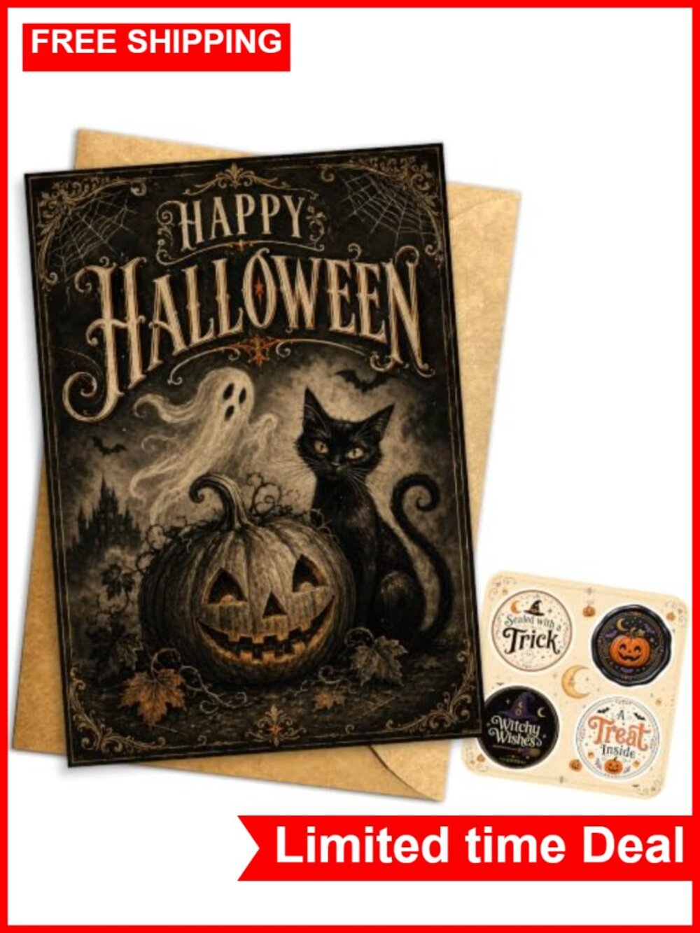 Vintage Black Cat Jack-O'-Lantern Halloween Greeting Card 8x5.3